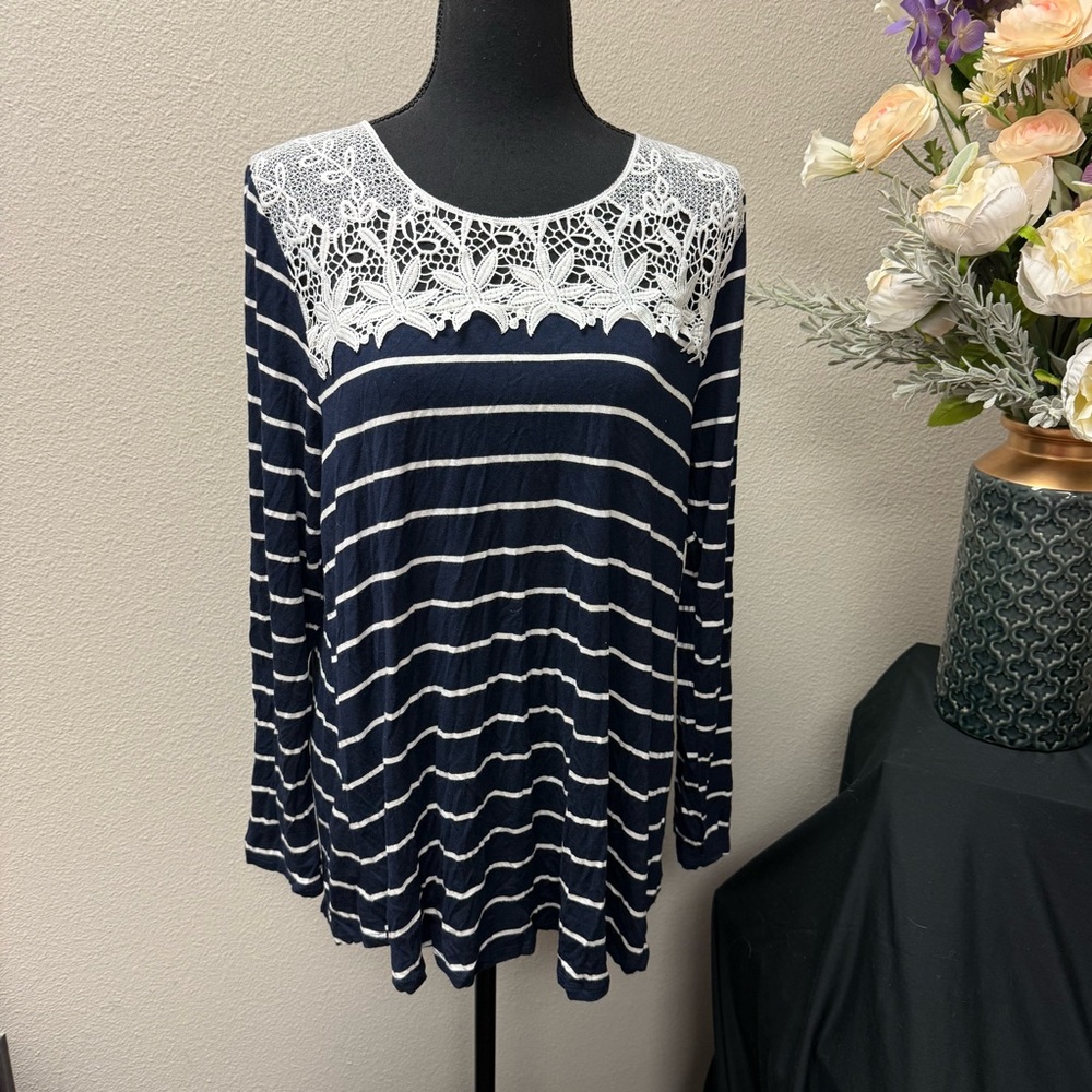 PinkBlush Navy Striped Top w/ White Crochet Lace Yoke Long Sleeve XL